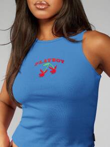 Missguided x Playboy 樱桃图案夏季背心，露背设计，纯棉修身无袖上衣，适合日夜休闲穿着，也适合节日和街头服饰。 - 藍色 - 查看 6