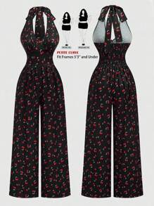 SHEIN PETITE Plus Size Cherry Print Casual Halter Jumpsuit