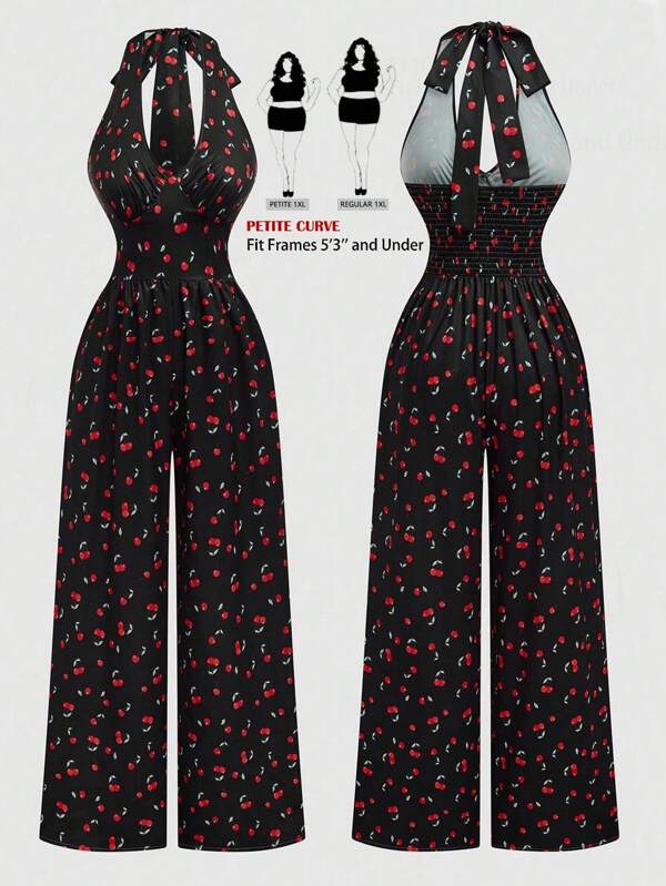SHEIN PETITE Plus Size Cherry Print Casual Halter Jumpsuit