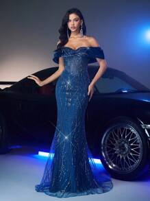 Glamrae 优雅奢华露肩串珠亮片组合欧根纱美人鱼礼服，适合婚礼、活动、派对、节日、宴会（重型设计） - 藍色 - 查看 5