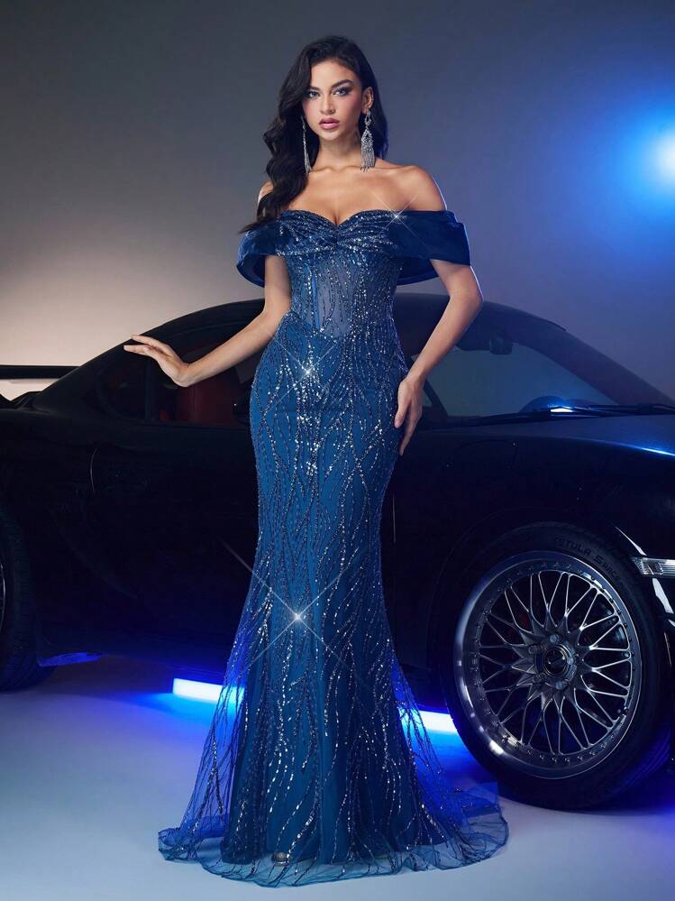 Glamrae Váy đuôi cá organza kết hợp đính hạt sequin trễ vai sang trọng thanh lịch, thích hợp cho đám cưới, sự kiện, tiệc tùng, ngày lễ, tiệc chiêu đãi (Thiết kế bền chắc) - Màu xanh lam - Xem 5