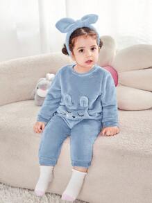 Babygirl Cute Cartoon Pattern Fluffy Long Sleeve Top And Elastic Waist Pants Set, Autumn/Winter Cute Sets Baby Girl Winter Clothes Baby Girls Sets Baby Girl Warm Sets 2 Pieces Winter Clothing Fall - Blue - View 6