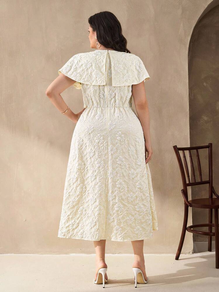 Chikora エレガントなパーティードレス プラスサイズ ジャガード 3Dフラワーデコレーション ソリッドカラー - アプリコット - 見る 3