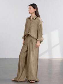 Dazy-Less Bộ 2 món đồ nữ dáng rộng, chất liệu chiffon, thích hợp mặc đi làm, trang phục công sở mùa thu, đồ mặc nhà cho nữ. - Màu Cam san hô - Xem 4