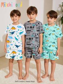 6 件套男童舒适睡衣，卡通太空和海洋动物印花长袖 T 恤和短裤