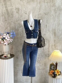 Attitoon 时尚休闲百搭日常修身喇叭腿女式牛仔裤，秋季，秋季女式西部牛仔马术 7 分长紧身喇叭裤，返校，低腰牛仔裤，乡村音乐会，女式西部服饰，街头服饰，游牧风格 - 深色水洗藍 - 查看 4