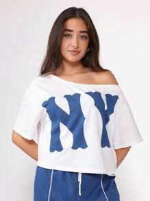 SUMWON Off Shoulder Crop T-Shirt Wide Leg Jogger Co-Ord Streetwear Two Piece Set Matching Wear NY Logo Varsity Collegiate Style Casual Fall Winter Spring - Royal Blue - View 4