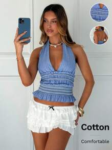 SHEIN EZwear 乡村音乐会外出上衣 蓝色条纹编织露背上衣 - 藍白色 - 查看 6