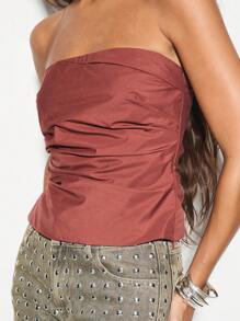 KIZN 无肩带褶皱棉质府绸束身胸衣式上衣，适合晚宴、夜店、夏季度假等场合。 - 鏽棕色 - 查看 1