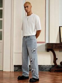 Mainfolk Men's Straight Leg Casual Jeans With Pentagram Patch Pockets - Blue - View 5