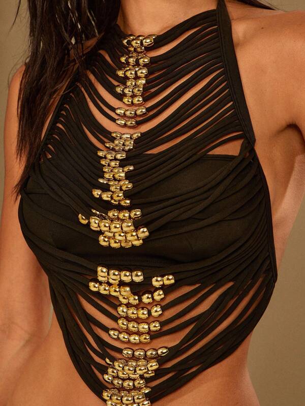 Denimoi Sexy Beaded Fringe Backless Halter Top