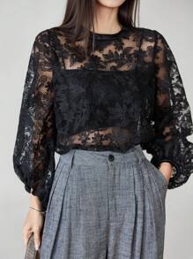 Dazy-Less 女士花卉印花透明蕾丝衬衫，宽松版型，适合商务、休闲、通勤、办公室穿着，春夏秋季长袖女上衣，秋季女装 - 黑色 - 查看 7