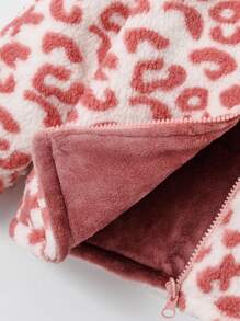 SHEIN Toddler/Newborn Baby Girl 0-3Y Casual Winter Leopard Print + Solid Pink Fluffy Reversible Mock Neck Jacket Fall