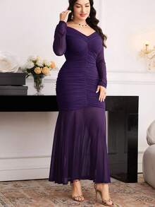 Modelyn Elegant Plus Size Solid Color Off Shoulder Ruched Fitted Dress - Purple - View 7