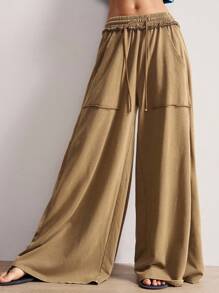 Bohemela 休闲针织雪洗纯色拼接宽松阔腿水洗女裤，秋季款