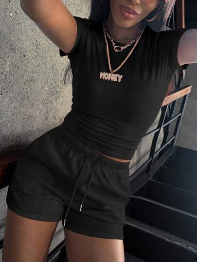 INAWLY Conjunto de camiseta de manga corta y shorts para mujeres, de unicolor y diseño simple