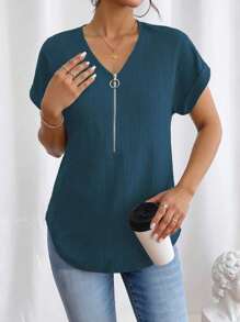 EMERY ROSE Women Half Placket Zipper Batwing Sleeve Casual Solid Color Blouse - Blue - View 4