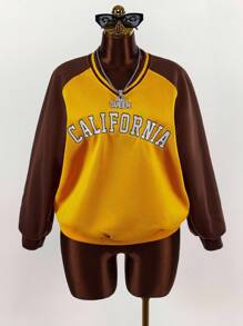 Amplova 宽松撞色拼接插肩袖运动衫，学院风女式秋冬装 - 黃色 - 查看 7