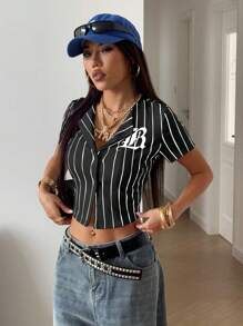 StreetHx Áo sơ mi tay ngắn in chữ kẻ sọc giản dị phong cách đường phố dành cho nữ - màu đen - Xem 4