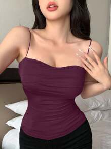 DAZY Self-Padded Bust Pleated Design Fitted Camisole Thin Strap Base Top Crop Women Tops - Burgundy - View 4