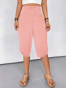 SHEIN LUNE Women's Solid Color Knotted Waist Loose Casual Capri Pants - Pink - View 5