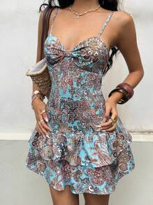 Sunnyshic 女士休闲、度假、日常、时尚波西米亚复古印花露背蝴蝶结双荷叶边下摆吊带背心迷你连衣裙，春夏 - 彩色 - 查看 2