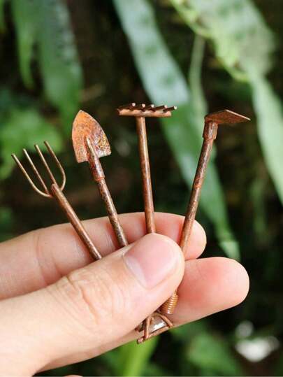 2/4pcs Rustic Miniature Metal Garden Tool Set - Vintage Fairy Garden Accessories Including Shovel, Rake, Spade - Decorative Gardening Ornaments For Mini Landscapes