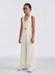 SHEIN Tween Girls Fall/Winter Basic Comfortable Lace Up Beige Top&Wide Leg Pants Sets, Two Pieces Outfits - Apricot - View 5