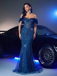 Glamrae 优雅奢华露肩串珠亮片组合欧根纱美人鱼礼服，适合婚礼、活动、派对、节日、宴会（重型设计） - 藍色 - 查看 2