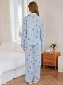 Dream Adore Set pigiama da donna con stampa a righe, fiocco e bavero, maniche lunghe, colore blu, abbigliamento autunnale - Multicolore - Visualizzare 3