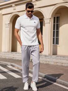 Manfinity VCAY Men's Textured Horse Embroidered Loose Dropped Shoulder Short Sleeve Polo Shirt - White - View 4