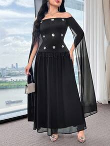 Modelyn Women's Elegant Slim Fit Waist Cutout Off-Shoulder Long Dress - Black - View 2
