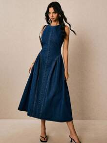 Poéselle 女式圆领无袖露背喇叭牛仔连衣裙，夏季时尚 - 深色水洗藍 - 查看 2