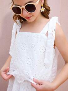 Set de 2 piezas con top de tirantes con bordado calado y falda para niña preadolescente, ideal para verano y viajes - Blanco - Ver 3