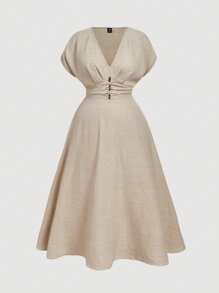 SHEIN MOD 大码女式V领短袖杏色连衣裙，优雅亚麻连衣裙，大地色系连衣裙，米色连衣裙，闪亮连衣裙，毕业礼服，商务休闲女装，乡村音乐会服装 - 杏色 - 查看 7