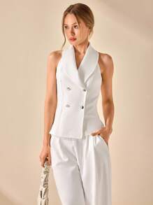 CLARA VERO Conjunto de 2 piezas para mujer con chaleco de cuello halter y pantalón ancho plisado elegante