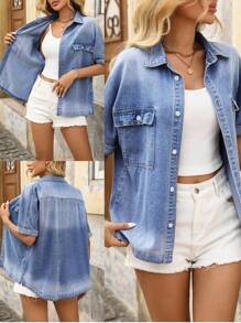 EMERY ROSE Women's Loose Fit Short Sleeve Denim Jacket - Medium Wash - View 1