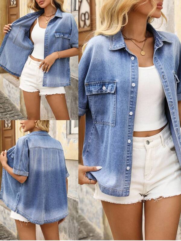 EMERY ROSE Women's Loose Fit Short Sleeve Denim Jacket