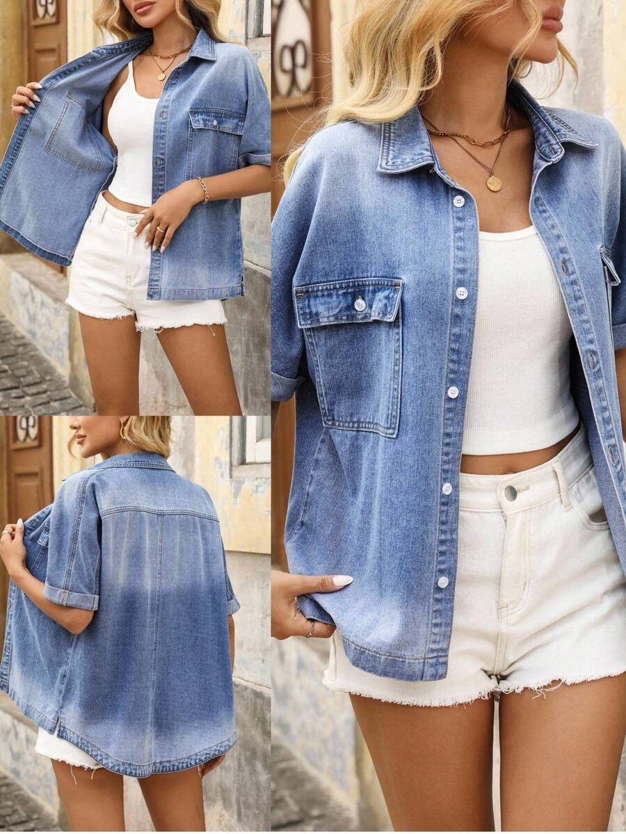 EMERY ROSE Women's Loose Fit Short Sleeve Denim Jacket - Medium Wash - View 1