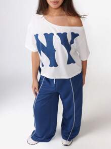 SUMWON Off Shoulder Crop T-Shirt Wide Leg Jogger Co-Ord Streetwear Two Piece Set Matching Wear NY Logo Varsity Collegiate Style Casual Fall Winter Spring - Royal Blue - View 1