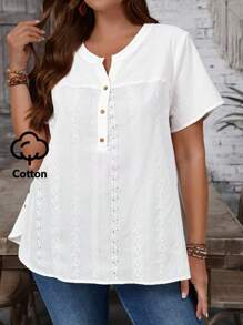 EMERY ROSE Áo thun nữ cỡ lớn, màu trơn, thêu họa tiết, kiểu dáng thường ngày, cổ chữ V, tay ngắn, thích hợp mặc mùa hè, đi nghỉ mát, phong cách boho, mùa xuân. - trắng - Xem 7