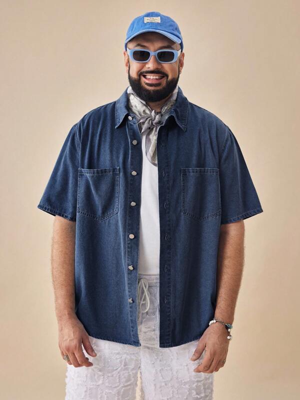 EASEVO Camisa vaquera de manga corta tejida informal para hombre de talla grande, adecuada para el verano