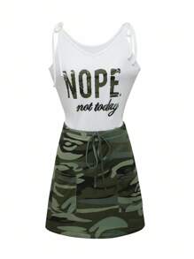 INAWLY Women's Summer Letter & Camo Print Casual Spaghetti Strap Midi Dress