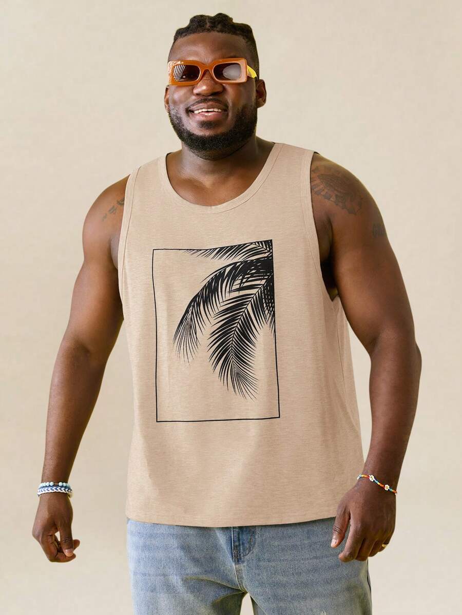 EASEVO Plus Size Men's Casual Gray Knit Coconut Tree Print Tank Top, Suitable For Summer - Coffee Brown - View 1