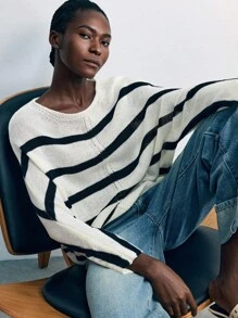 Maija 女士休闲宽松日常时尚百搭长袖套头毛衣 夏季毛衣 女士套头衫 夏季条纹套头衫 夏季套头衫 女士外出上衣 秋季女装 秋季毛衣 女士休闲衬衫 - 杏色 - 查看 2