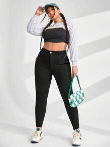 SHEIN CURVE+ Plus Size Cowgirl Stretch Skinny Casual Black 7/8 Jeans, Rodeo - Black - View 3