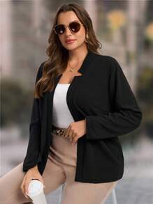 EMERY ROSE Plus Size Women's Solid Color Long Sleeve Open Front Casual Blazer,,Going Out,Office Wear Fal,Spring - Black - View 3