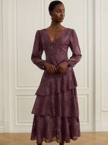 GENKIRA 优雅浪漫精致深V领性感红黑花卉随机印花层叠雪纺长袖女式连衣裙 - 紫丁香色 - 查看 5