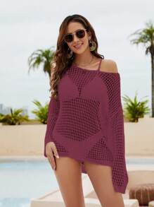 Swim Vcay Summer Outfits For Women Hollow Out Knitted Cover Up Summer - Red Violet - View 3