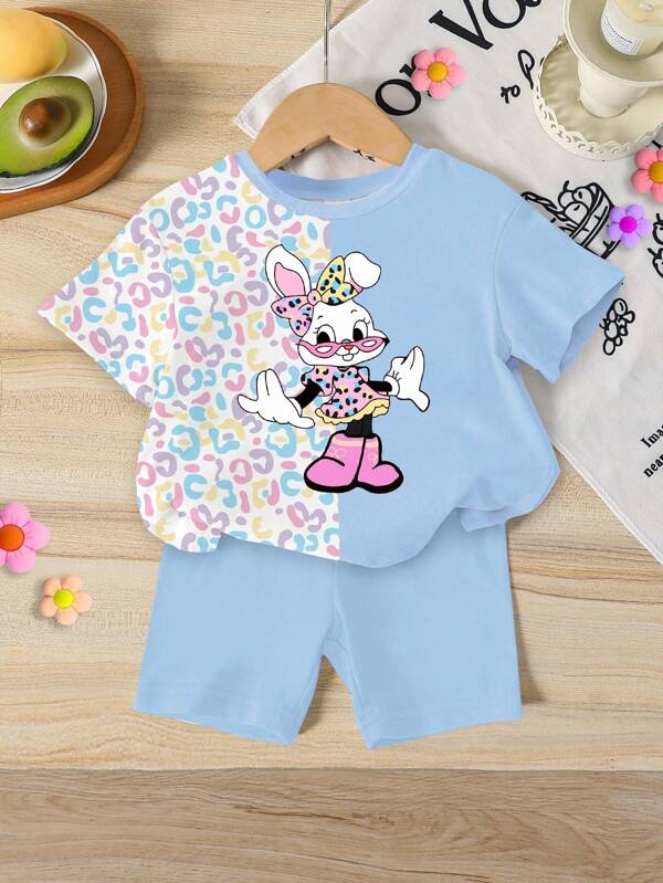 GraphicGems Conjunto de 2 peças para bebê menina, camiseta de manga curta com estampa de leopardo e orelha de coelho, gola redonda e leggings de malha, azul